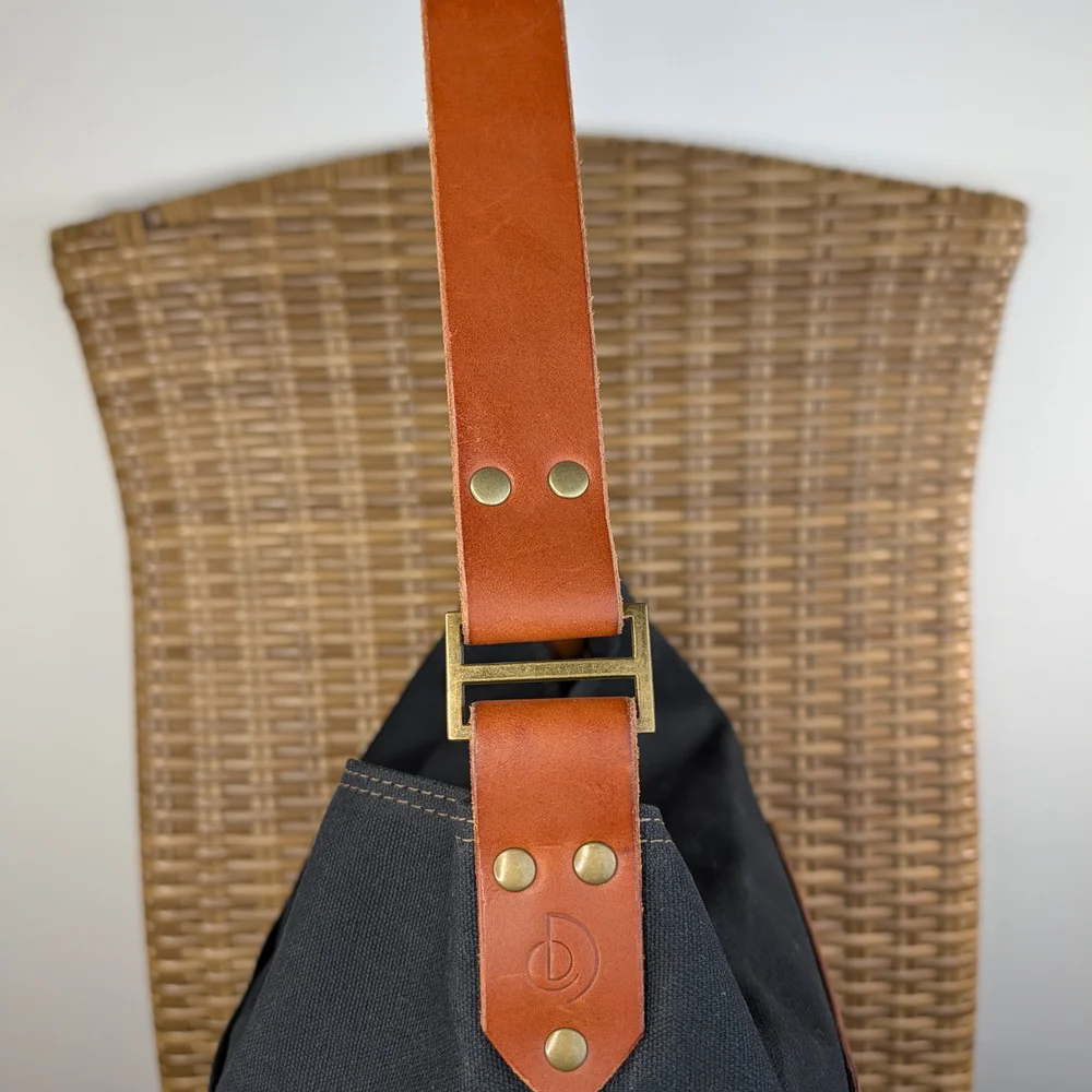 Melakah Design Handmade Black Brown Canvas Leather Handle Logo Emblem Tote Bag - Picture 9 of 16